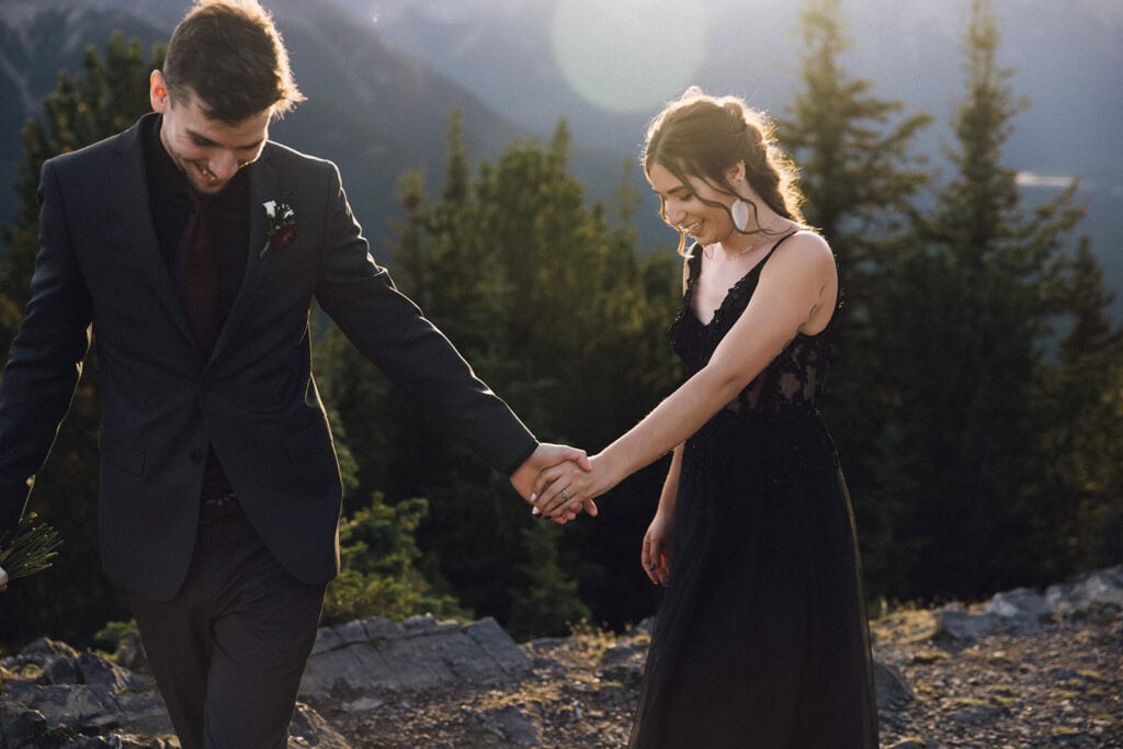 couple eloping in banff national park at sulfur mountain from the gondola