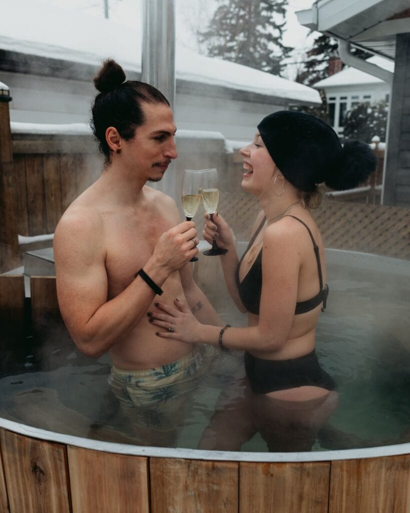 couple enjoying the hot tub on their elopement day