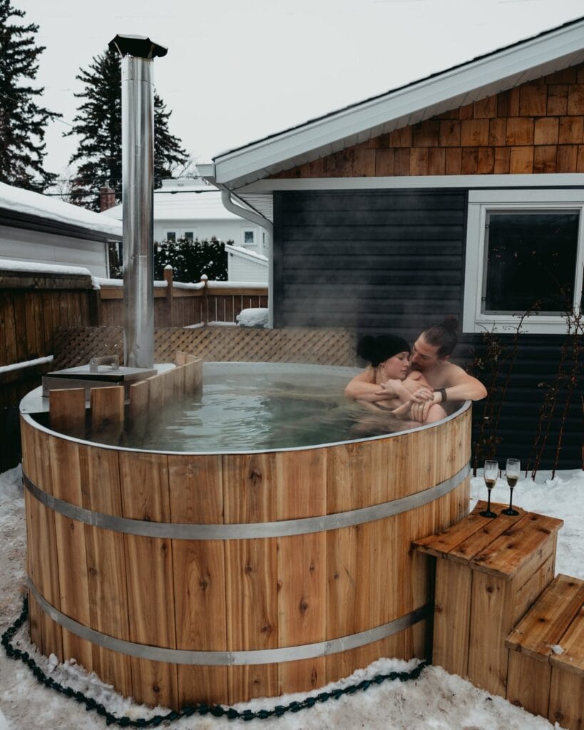 couple enjoying the hot tub on their elopement day