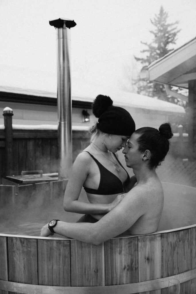 couple enjoying the hot tub on their elopement day