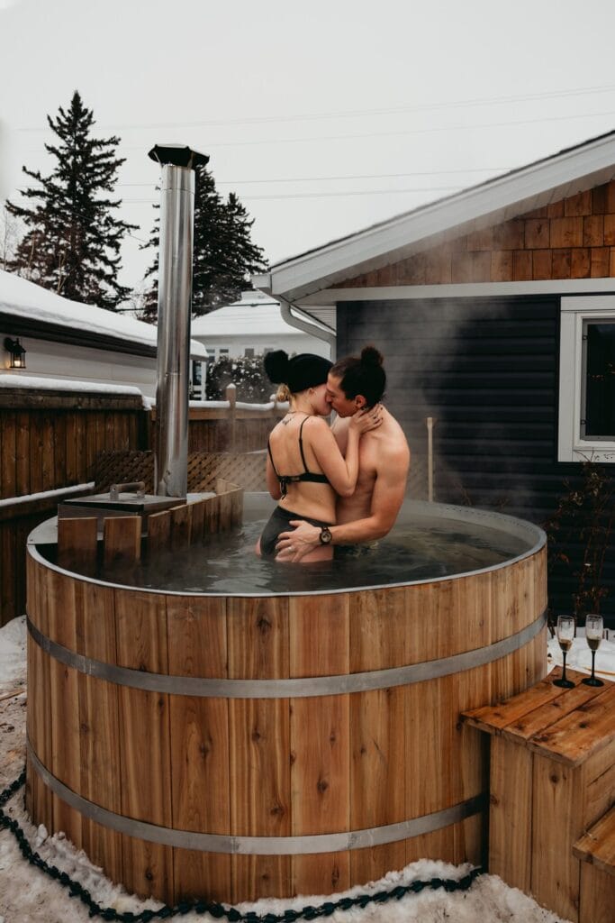 couple enjoying the hot tub on their elopement day