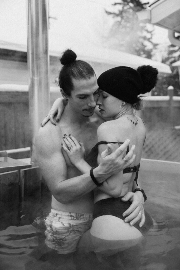 couple enjoying the hot tub on their elopement day