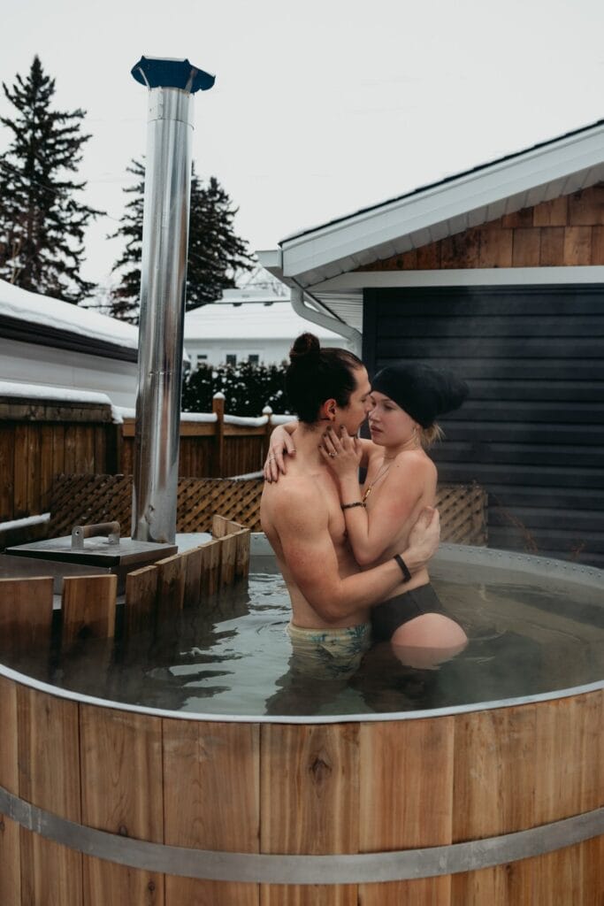 couple enjoying the hot tub on their elopement day