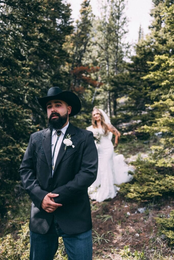couples first look in forest