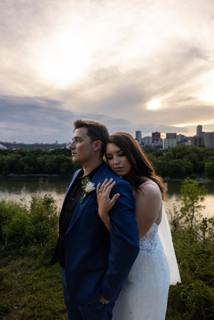 sunset photos of couple eloping in the edmonton cityscape