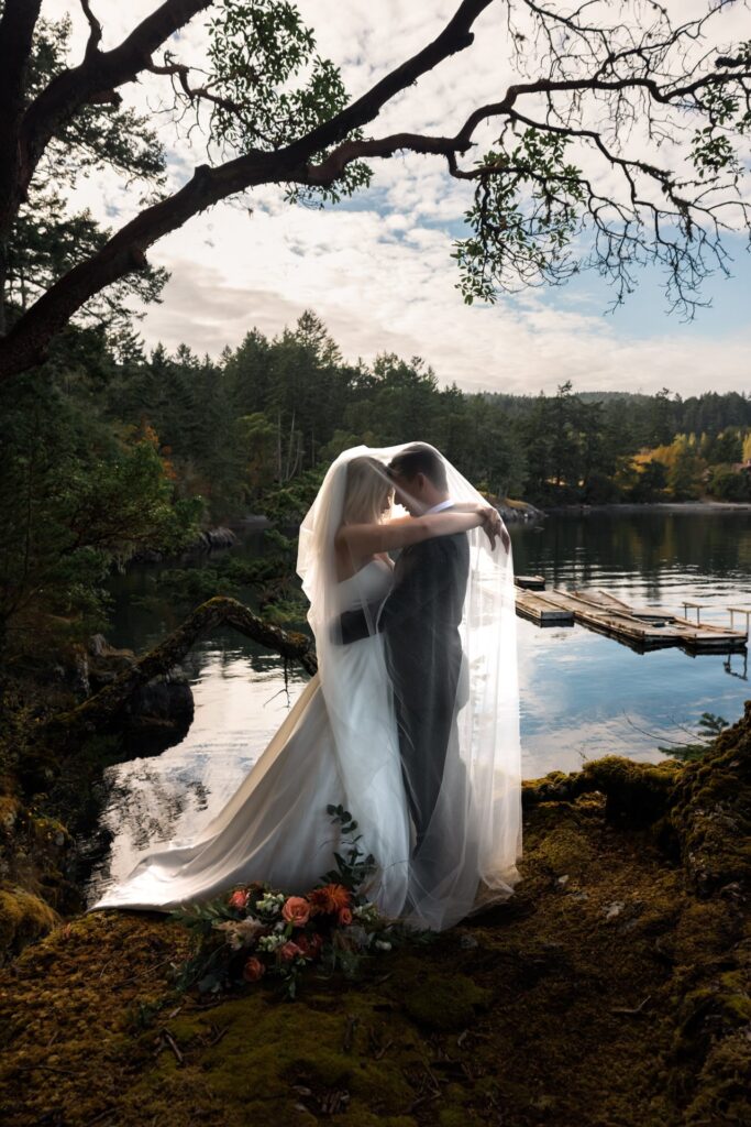wedding couple under a veil 