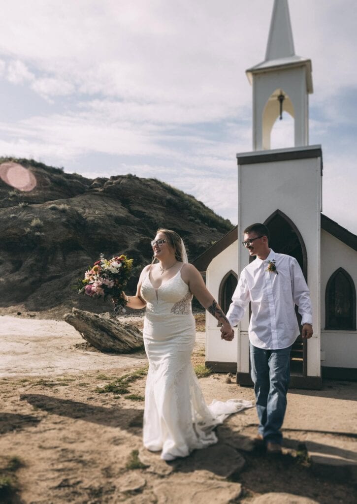 Elopement ceremony at The Little Church in Drumheller