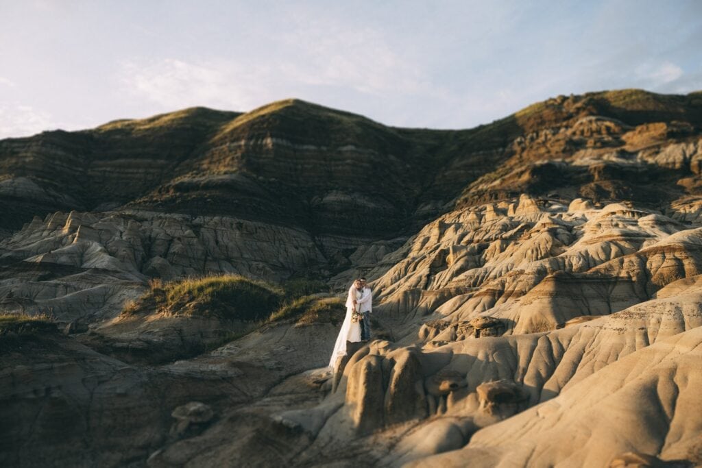 Sunset elopement portraits in the Alberta badlands