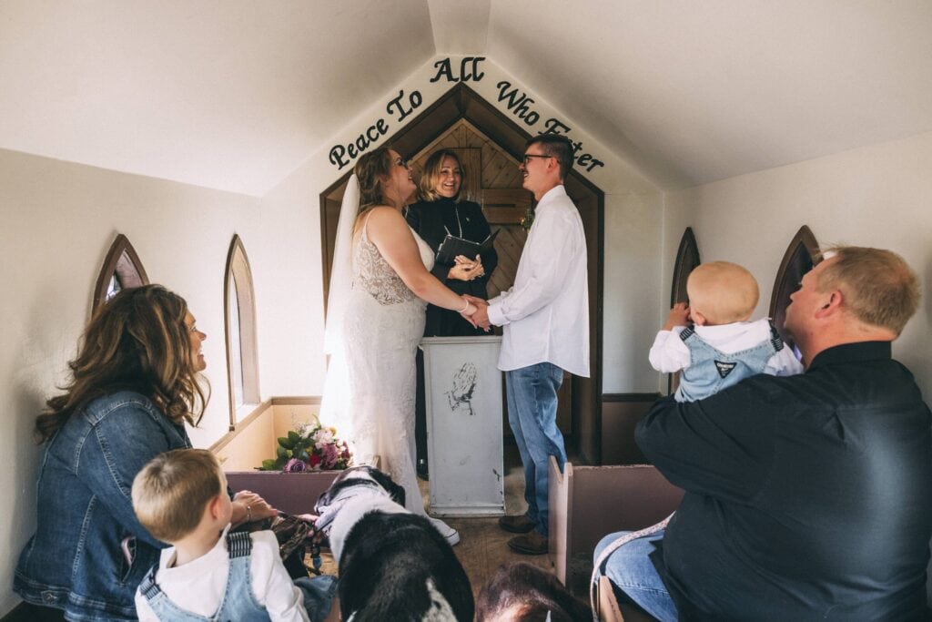Elopement ceremony at The Little Church in Drumheller
